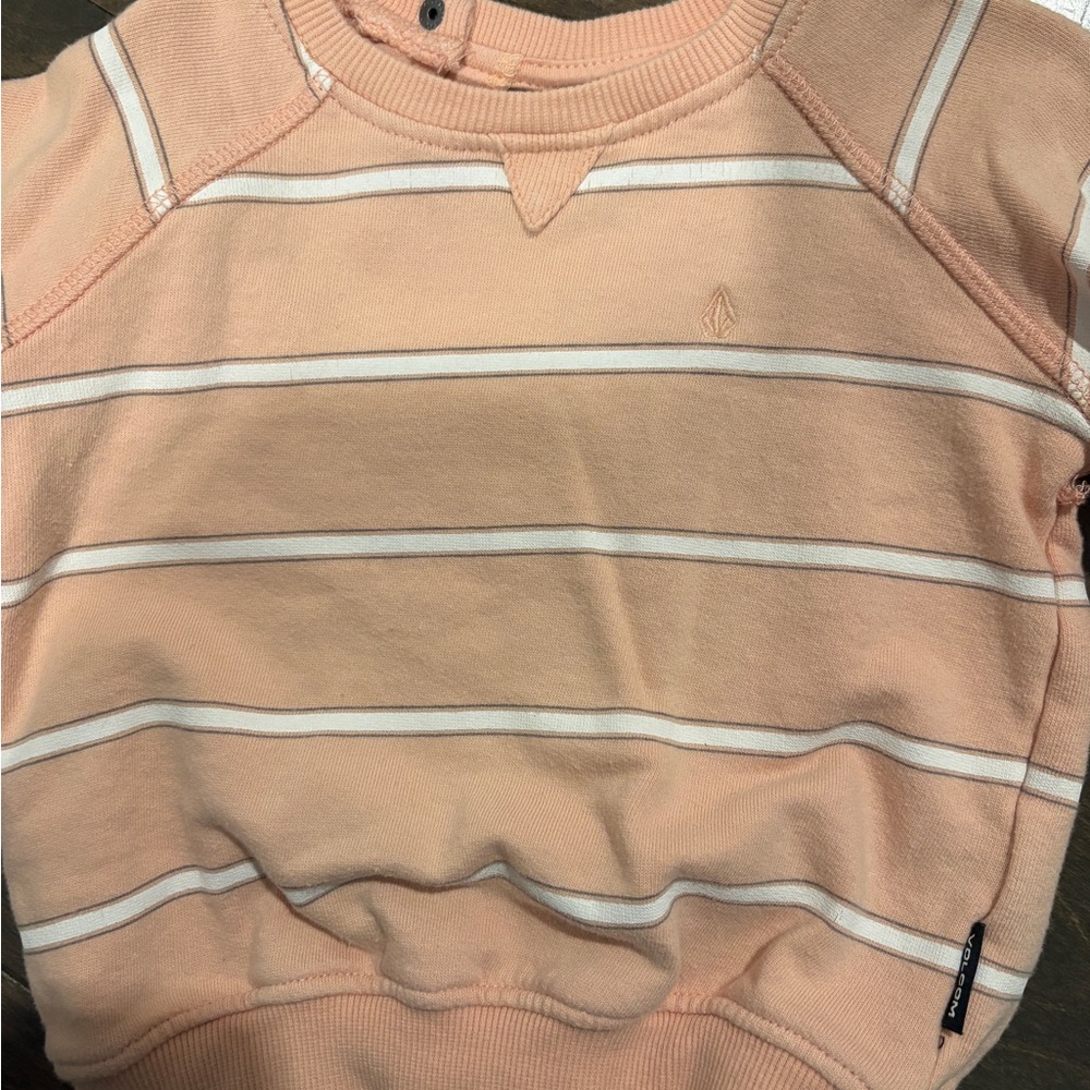 Volcom Men's Light Peach and White Striped Crewneck Sweater